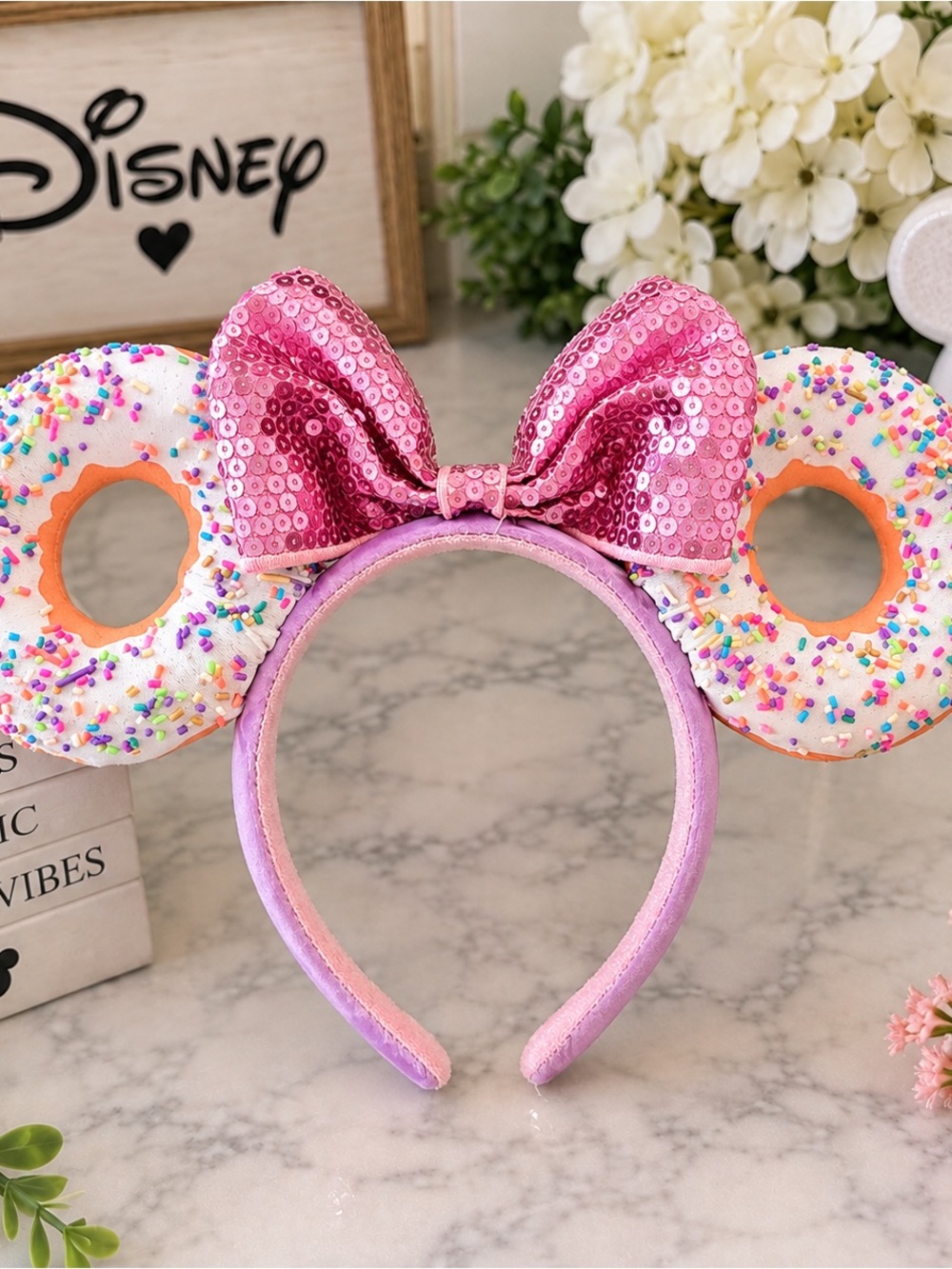 Disney Parks Minnie Ears Donut Sprinkles Pink Sequin Bow